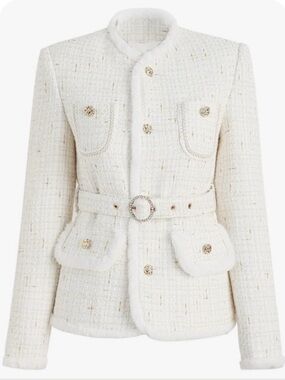 Elegant White Tweed Belted Jacket
